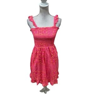 Vineyard Vines Pink & Orange Mini sunDress smocked top ruffle strap size xl